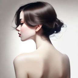 A tastefully rendered digital art piece features a short, brunette woman from the back view