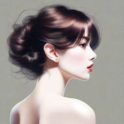 A tastefully rendered digital art piece features a short, brunette woman from the back view