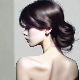 A tastefully rendered digital art piece features a short, brunette woman from the back view