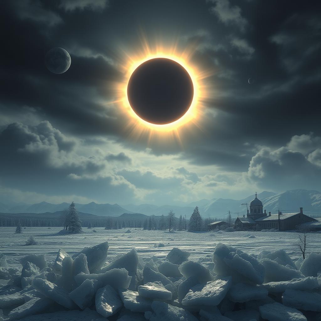 A dramatic scene depicting a total solar eclipse that leads to the freezing of the entire Earth
