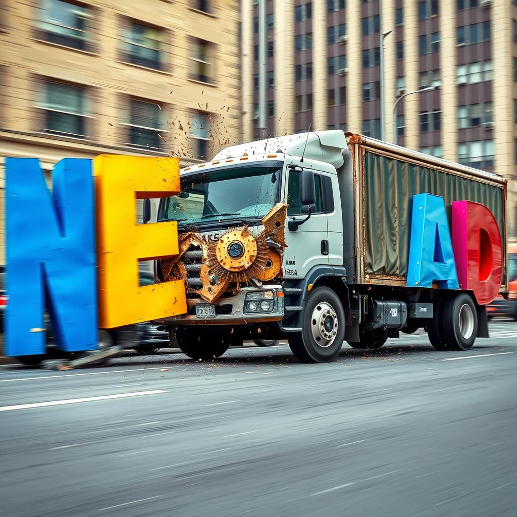 A large, powerful truck crashing into big, colorful letters that spell out 'NEWSAD'