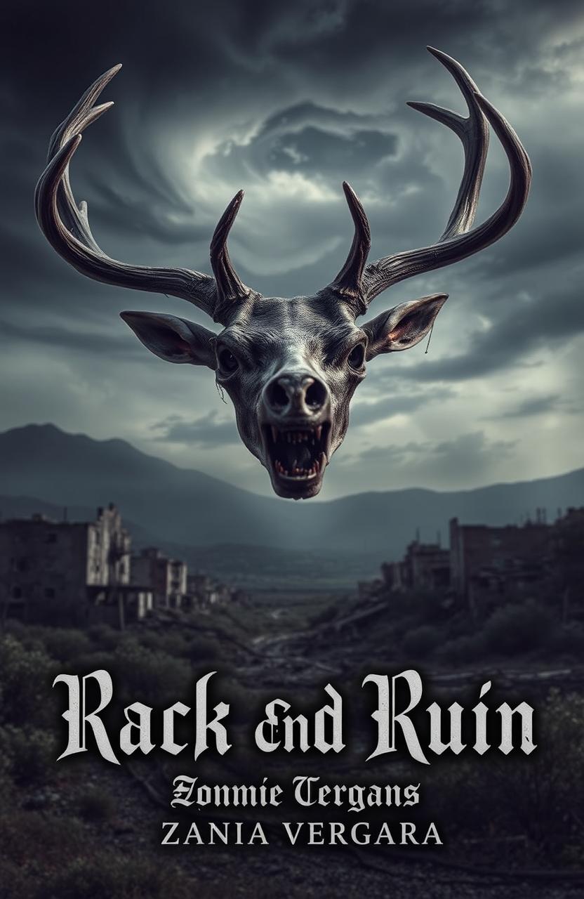 A close-up of a decayed zombie deer head, with hollow eyes and rotting antlers, set against a backdrop of a desolate, apocalyptic landscape