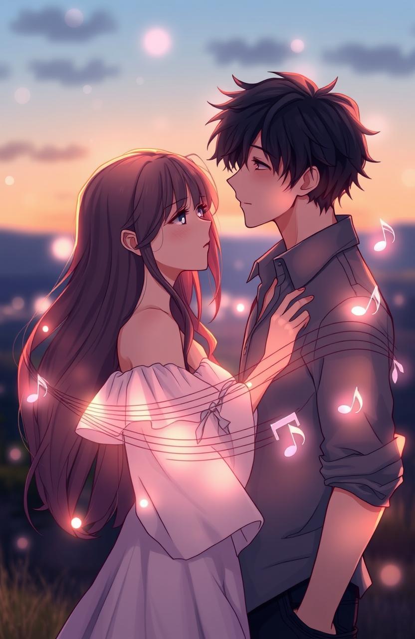 A romantic and emotional scene depicting two young adults, Aisha and Ren, standing close together in a serene, twilight setting