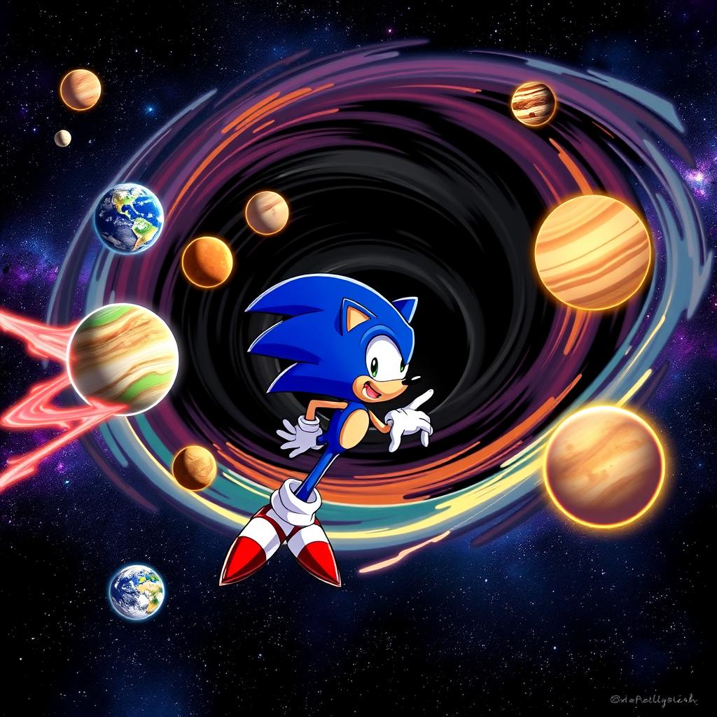 A cosmic scene depicting the destruction of the solar system by a black hole created by Sonic the Hedgehog