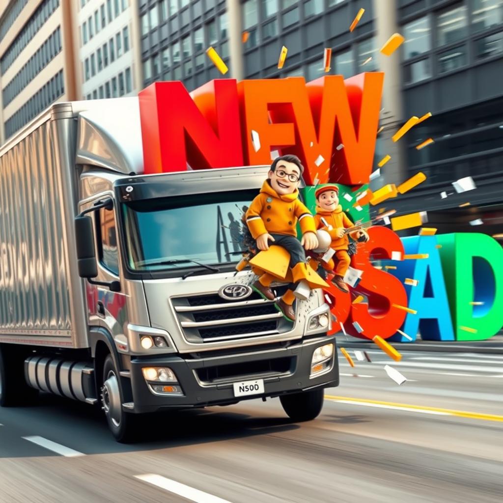A large, modern truck driving forward and crashing into big, colorful letters that spell out 'NEWSAD'