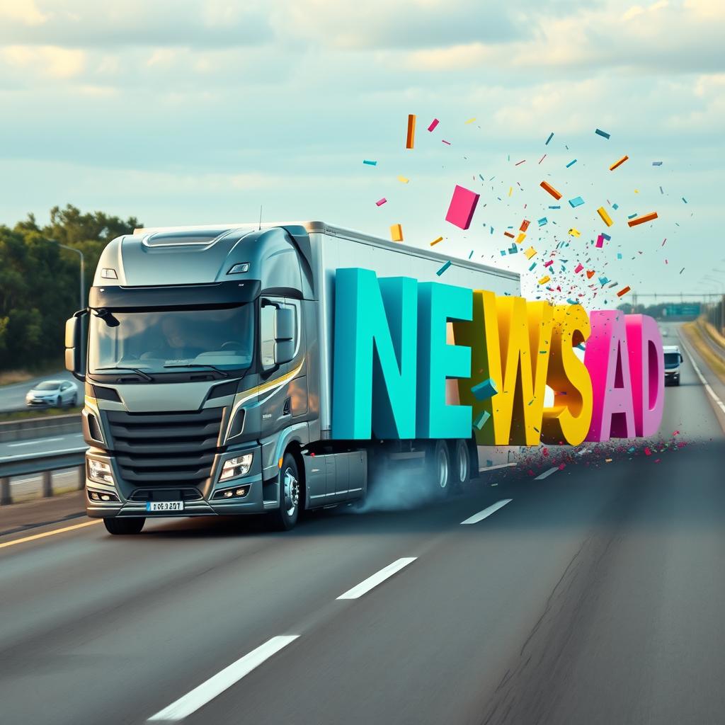 A large, modern truck driving on a real-world highway and crashing into oversized, colorful letters that spell out 'NEWSAD'
