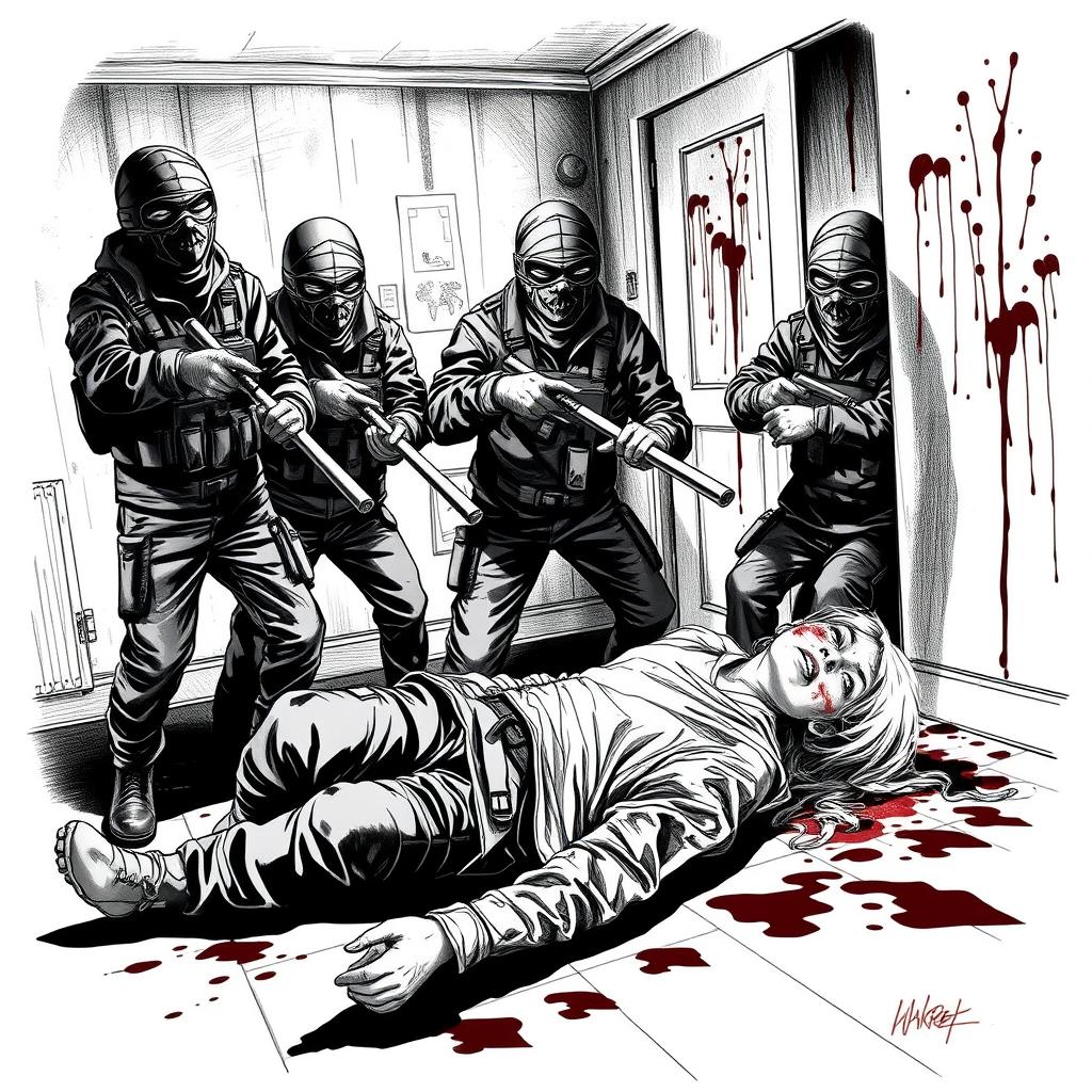 A stark black and white drawing depicting an intense scene indoors where several figures in camouflage clothing and balaclavas are using rubber batons against a guy and a girl lying on the ground