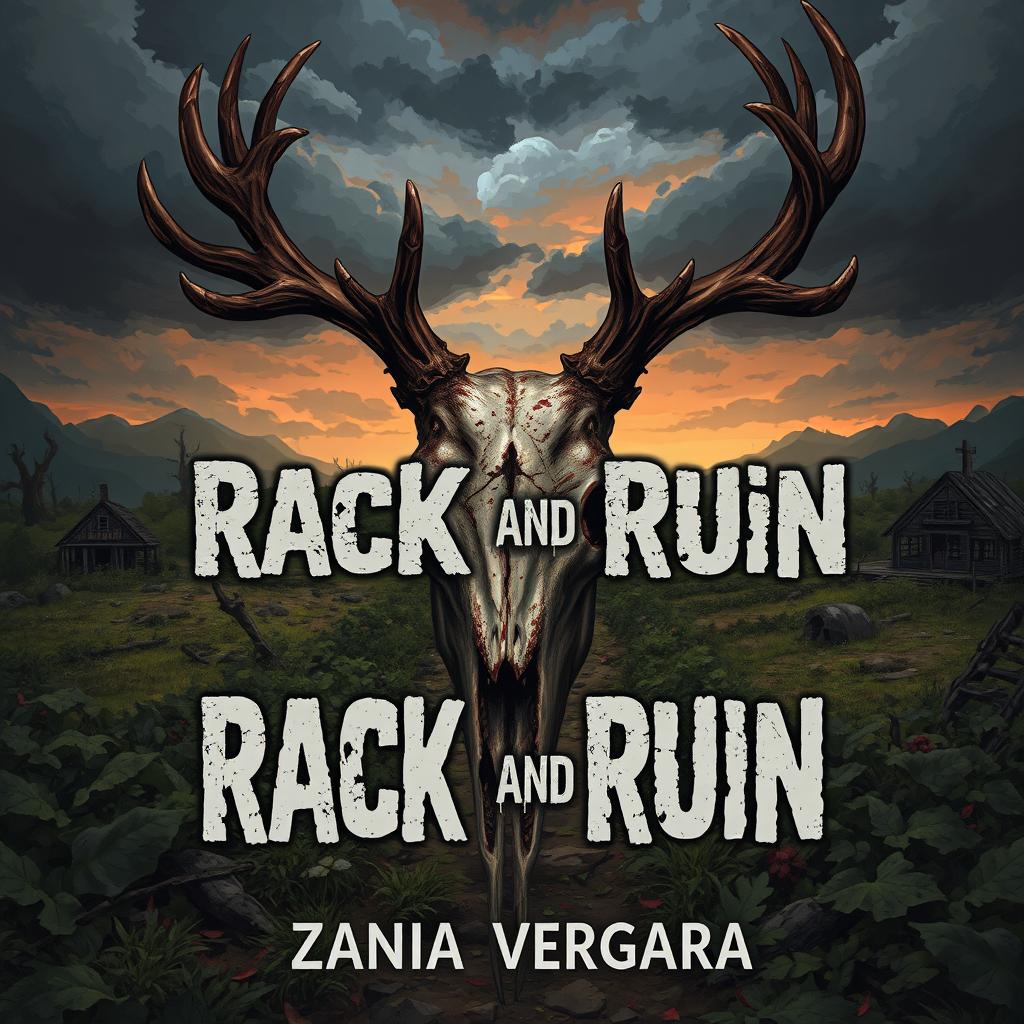 A 2D illustration of a rotting zombie deer skull, featuring detailed decay with exposed bone and textures resembling decomposition