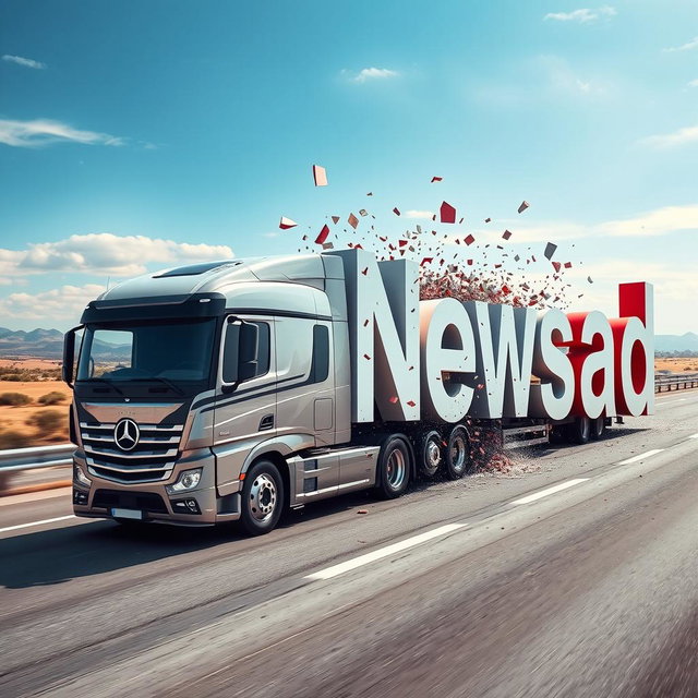 A large, modern truck driving on a real-world highway and crashing into oversized letters that spell out 'Newsad' from the middle