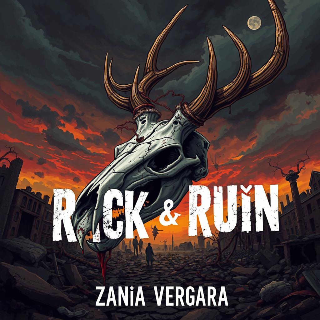 A 2D illustration of a rotting zombie deer skull, intricately designed with visible decay, cracked bone, and remnants of tissue for a realistic effect