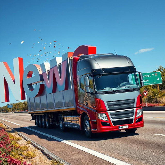 A large, modern truck driving on a real-world highway and crashing into oversized letters that spell out 'Newsad' from the left side