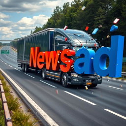 A large, modern truck driving on a real-world highway and crashing into oversized letters that spell out 'Newsad' from the left side