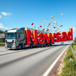 A large, modern truck driving on a real-world highway and crashing into oversized letters that spell out 'Newsad' from the left side