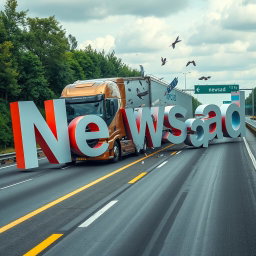 A large, modern truck driving on a real-world highway and crashing into oversized letters that spell out 'Newsad' from the left side
