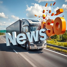 A large, modern truck driving on a real-world highway and crashing into oversized letters that spell out 'Newsad' from the left side