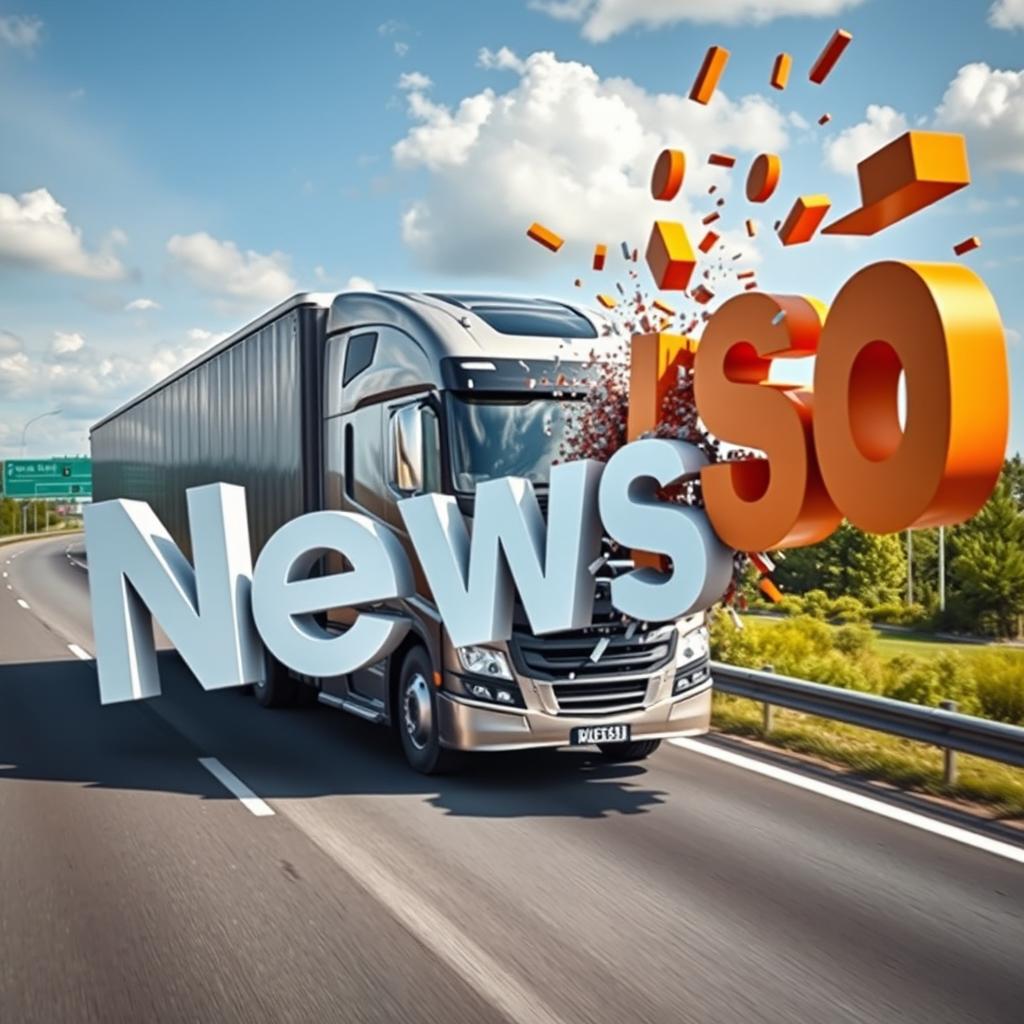 A large, modern truck driving on a real-world highway and crashing into oversized letters that spell out 'Newsad' from the left side