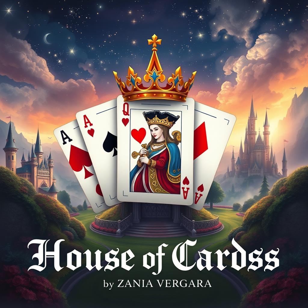 A captivating illustration titled 'House Of Cards', showcasing four playing cards: the Ace of Spades, Queen of Hearts, Ace of Clubs, and Ace of Diamonds, beautifully arranged