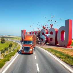 A large, modern truck driving on a real-world highway and crashing into oversized letters that spell out 'Newsad', leaving the shattered letters behind as it speeds away