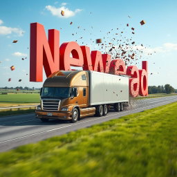 A large, modern truck driving on a real-world highway and crashing into oversized letters that spell out 'Newsad', leaving the shattered letters behind as it speeds away