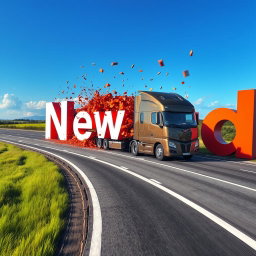 A large, modern truck driving on a real-world highway and crashing into oversized letters that spell out 'Newsad', leaving the shattered letters behind as it speeds away