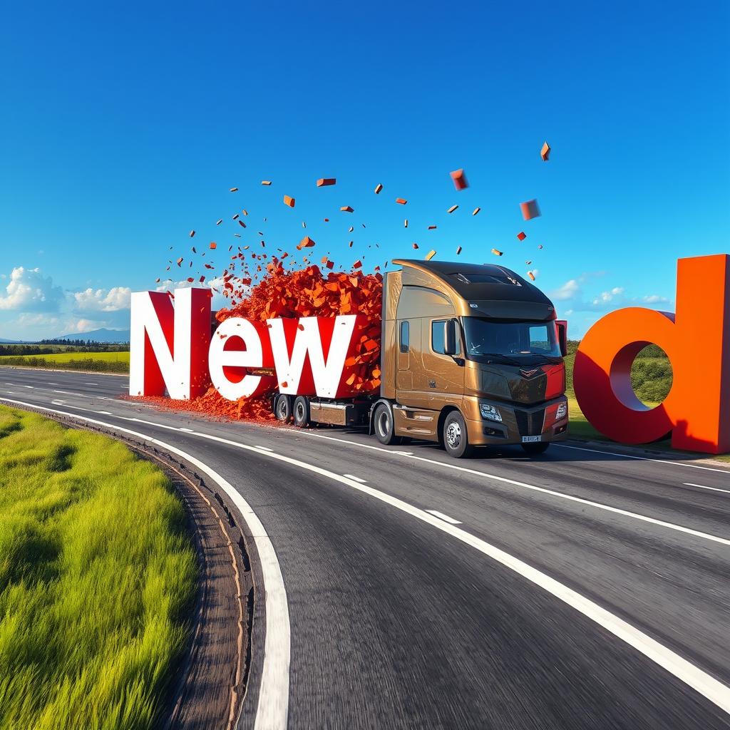 A large, modern truck driving on a real-world highway and crashing into oversized letters that spell out 'Newsad', leaving the shattered letters behind as it speeds away