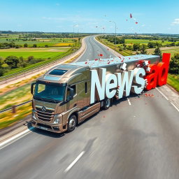A large, modern truck driving on a real-world highway and crashing into oversized letters that spell out 'Newsad', leaving the shattered letters behind as it speeds away