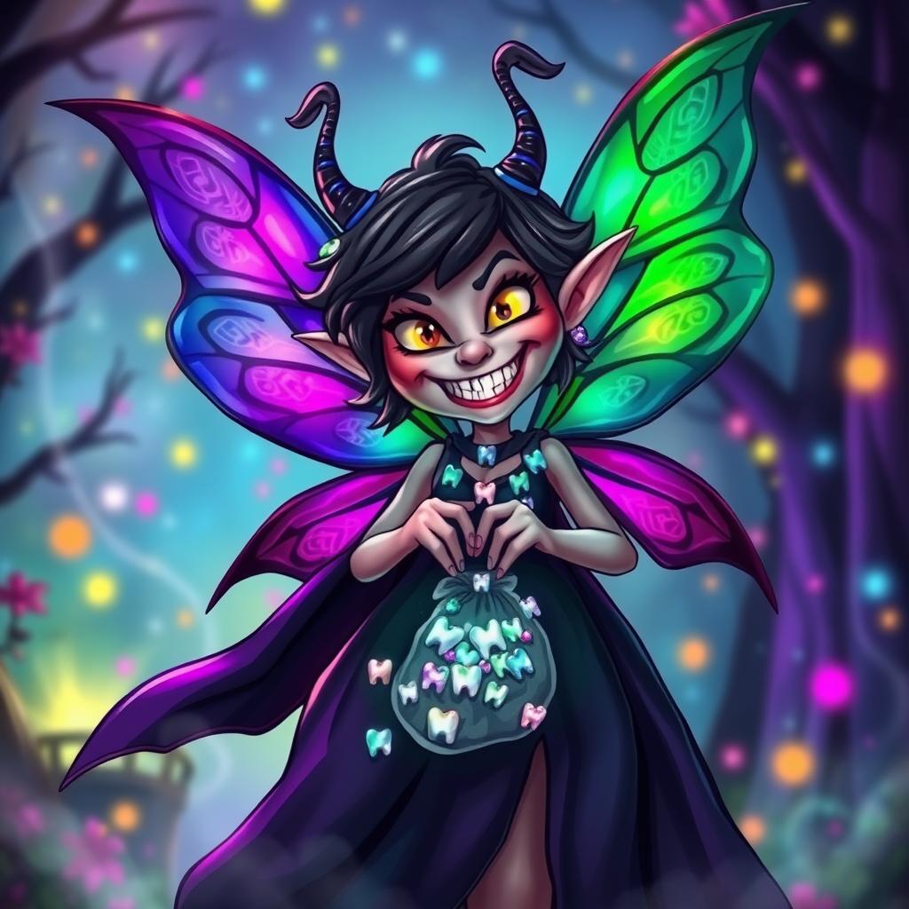 A dark and mystical tooth fairy with a humorous twist, featuring a whimsical blend of evil charm