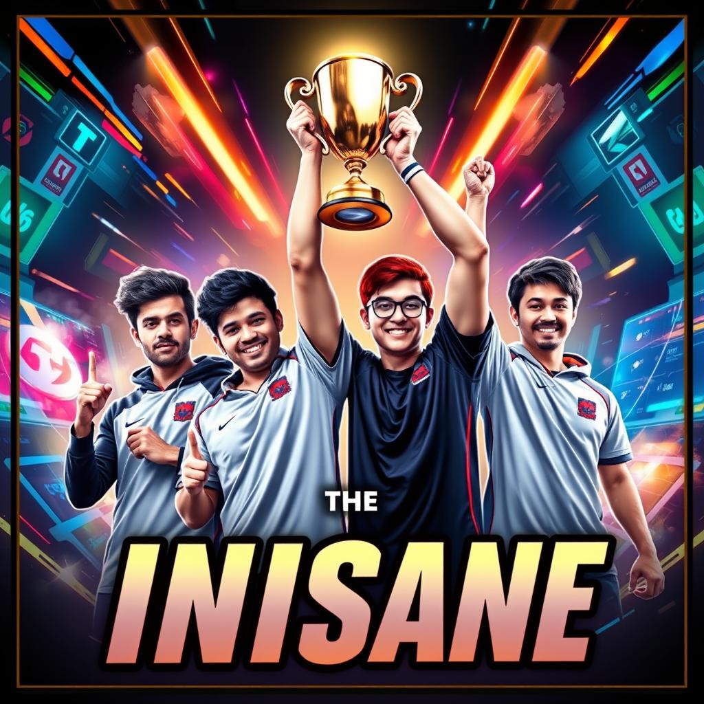 A vibrant esports banner featuring four skilled esports players celebrating their victory, holding a shining champion cup high above their heads