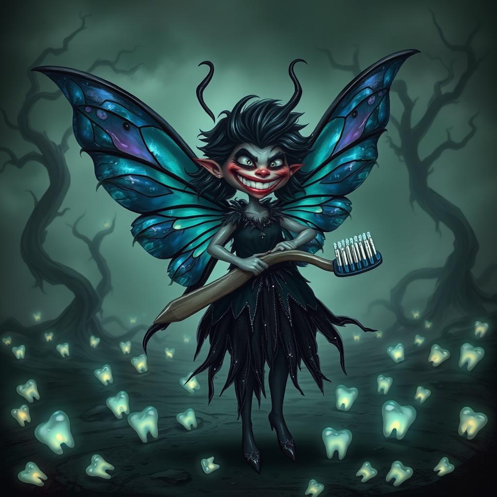 A dark and mystic tooth fairy with an evil yet funny demeanor, portrayed with a playful grin
