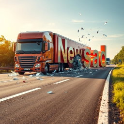 A large, modern truck driving on a real-world highway and crashing into oversized letters that spell out 'Newsad', leaving shattered remnants behind as if the letters were made of glass