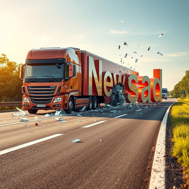 A large, modern truck driving on a real-world highway and crashing into oversized letters that spell out 'Newsad', leaving shattered remnants behind as if the letters were made of glass