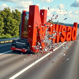 A large, modern truck driving on a real-world highway and crashing into oversized letters that spell out 'Newsad', leaving shattered remnants behind as if the letters were made of glass