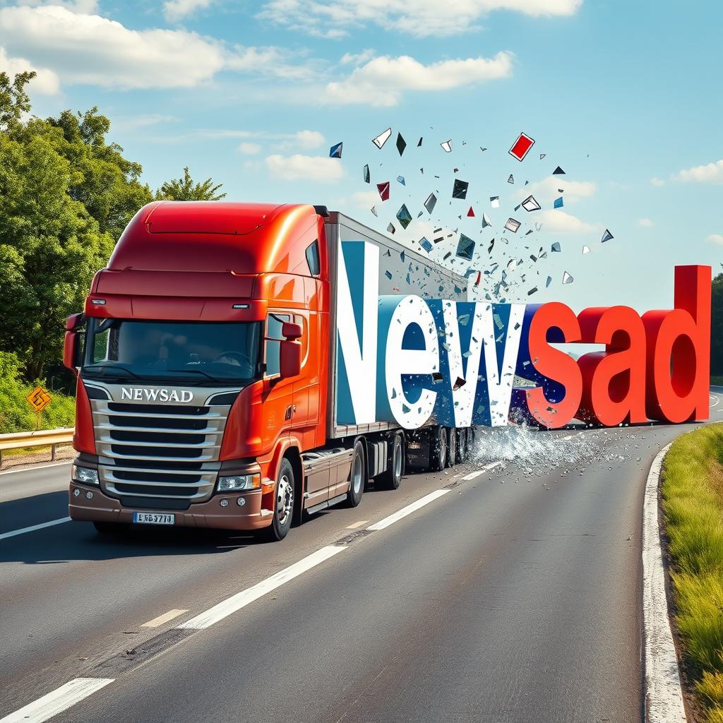 A large, modern truck driving on a real-world highway and crashing into oversized letters that spell out 'Newsad', leaving shattered remnants behind as if the letters were made of glass