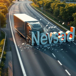 A large, modern truck driving on a real-world highway and crashing into oversized letters that spell out 'Newsad', leaving shattered remnants behind as if the letters were made of glass