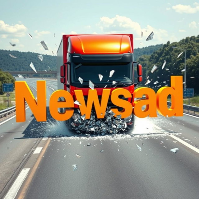 A large, modern truck driving on a real-world highway, crashing through the middle of oversized letters that spell out 'Newsad', leaving shattered remnants behind as the letters break apart like glass upon impact