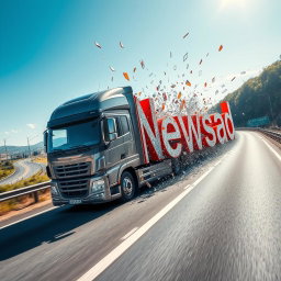 A large, modern truck driving on a real-world highway, crashing through the middle of oversized letters that spell out 'Newsad', leaving shattered remnants behind as the letters break apart like glass upon impact