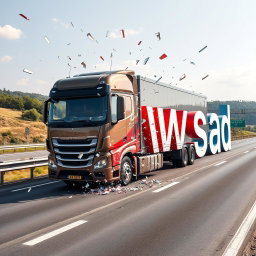 A large, modern truck driving on a real-world highway, crashing through the middle of oversized letters that spell out 'Newsad', leaving shattered remnants behind as the letters break apart like glass upon impact