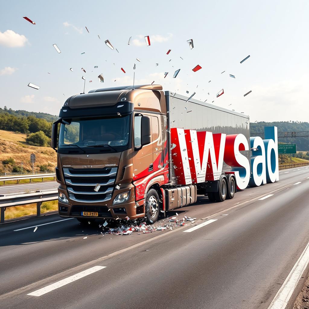 A large, modern truck driving on a real-world highway, crashing through the middle of oversized letters that spell out 'Newsad', leaving shattered remnants behind as the letters break apart like glass upon impact