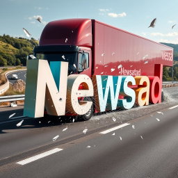 A large, modern truck driving on a real-world highway, crashing through the middle of oversized letters that spell out 'Newsad', leaving shattered remnants behind as the letters break apart like glass upon impact