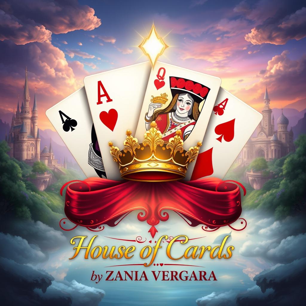 An enchanting illustration titled 'House Of Cards', showcasing four playing cards: the Ace of Spades, Queen of Hearts, Ace of Clubs, and Ace of Diamonds, elegantly displayed in a fan arrangement