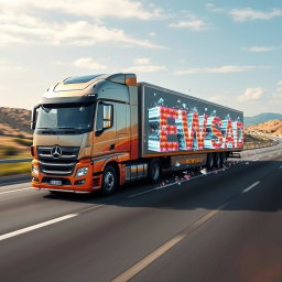 A large, modern truck driving on a real-world highway, featuring the word 'NEWSAD' prominently written on the side in bold letters