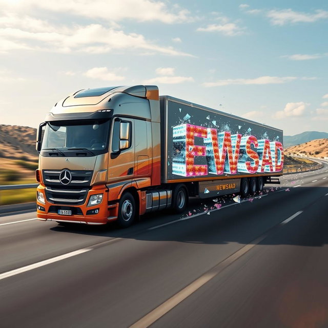 A large, modern truck driving on a real-world highway, featuring the word 'NEWSAD' prominently written on the side in bold letters