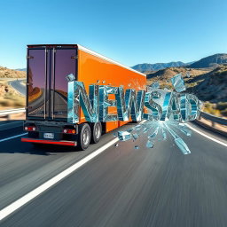 A large, modern truck driving on a real-world highway, featuring the word 'NEWSAD' prominently written on the side in bold letters