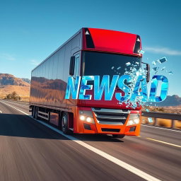 A large, modern truck driving on a real-world highway, featuring the word 'NEWSAD' prominently written on the side in bold letters