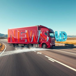 A large, modern truck driving on a real-world highway, featuring the word 'NEWSAD' prominently written on the side in bold letters