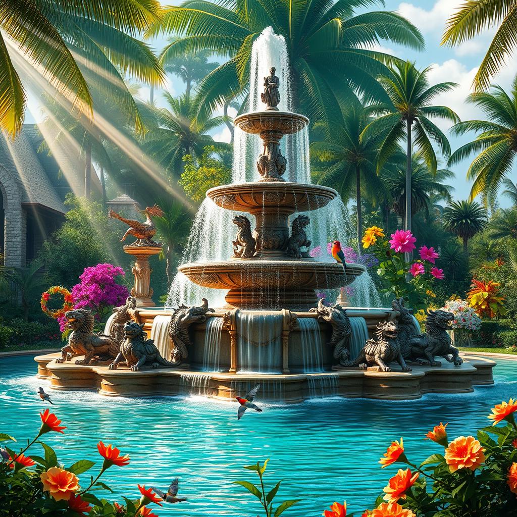 A magnificent and expansive fountain in a lush paradise setting, surrounded by vibrant tropical flowers and palm trees