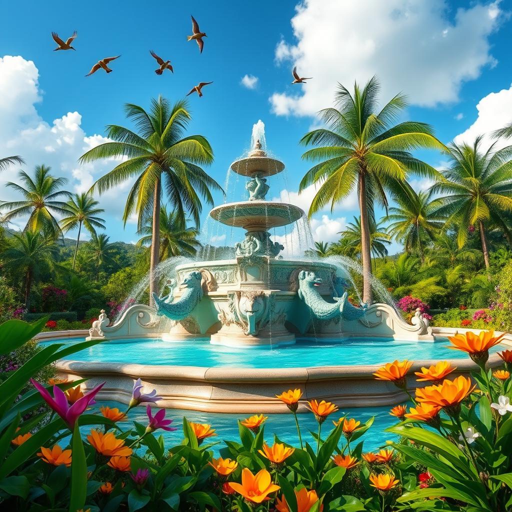 A majestic and grand fountain set in a stunning paradise, surrounded by lush greenery and blooming exotic flowers