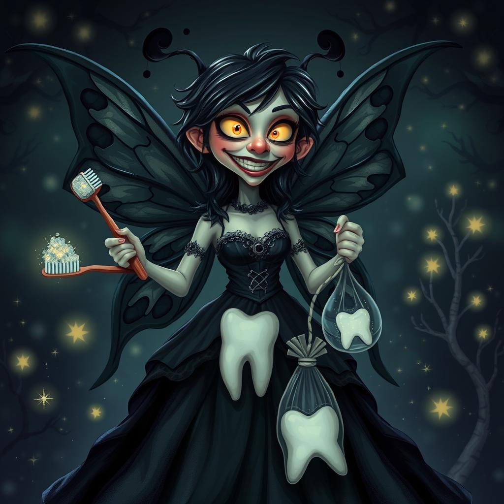 A dark and mystic tooth fairy with a humorous expression, capturing both a playful and eerie vibe