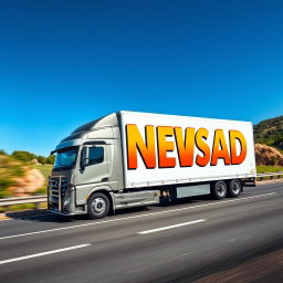 A large, modern truck driving on a real-world highway, with the word 'NEWSAD' written boldly on the side in vibrant, eye-catching letters