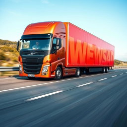 A large, modern truck driving on a real-world highway, with the word 'NEWSAD' written boldly on the side in vibrant, eye-catching letters